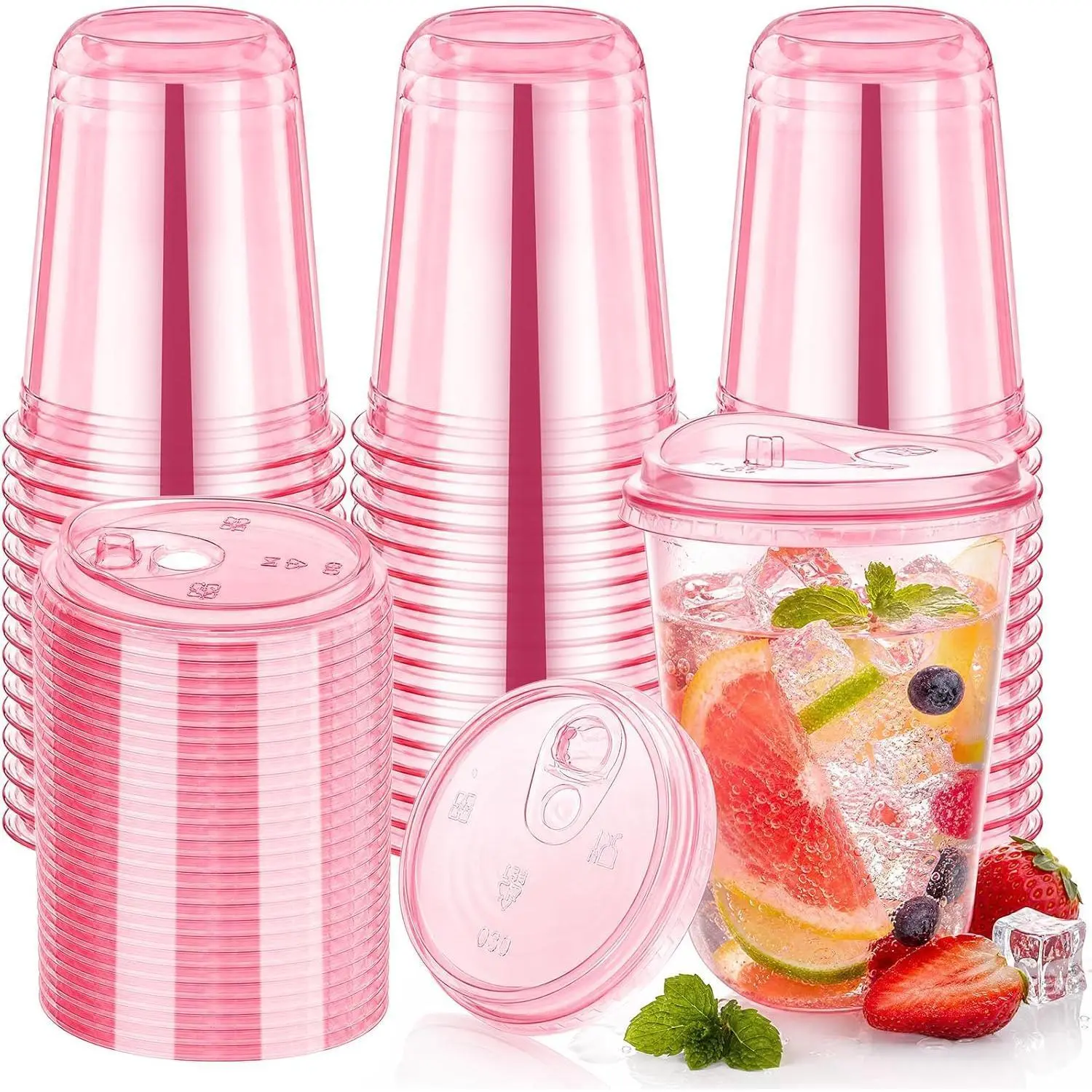 50 Pack Pink PET Plastic Cups with Lids, Disposable Cold Drink Cups for Iced Coffee, Smoothies, Cocktails, Party Supplies, Aesthetic Drinking Cups for Girls Party and Festive Events