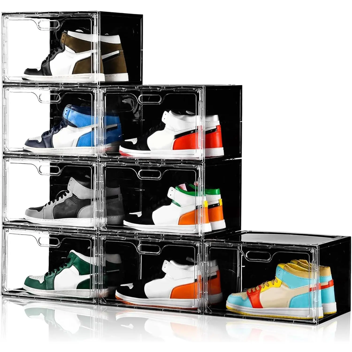 New 8 Pack Shoe Boxes Stackable, Large Shoe Storage Organizer with Lids,Drop Side Shoe Containers for Entryway,Sneaker Storage Fit up to US Size 13 for Men/Women(13’’x 10.6”x 8.3”)