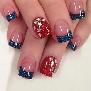 24Pcs Short Press On Nails, Glitter American Flag Nail Art for Independence Day