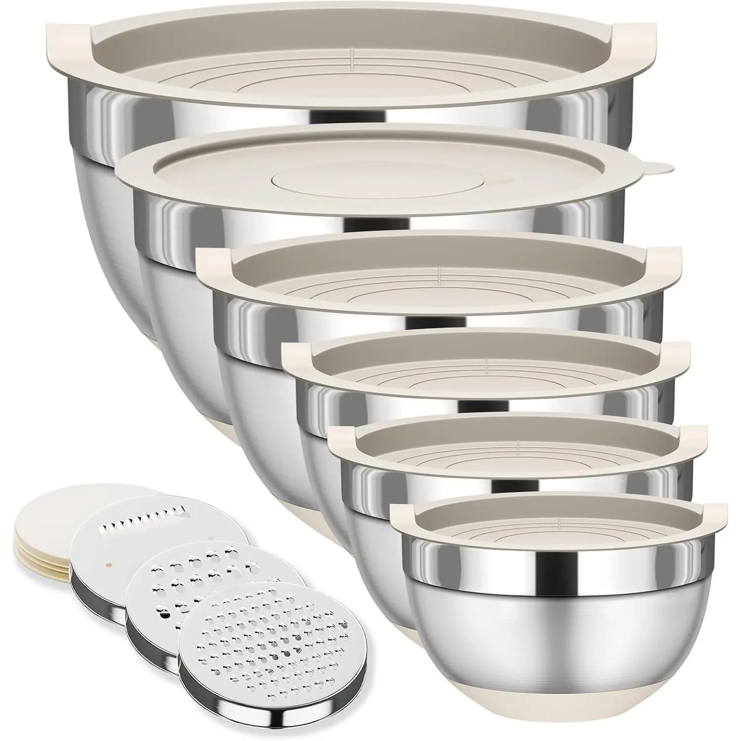 6-Piece Multi-Size Heavy-Weight Functional Stainless Steel Round Mixing Bowls Set with Lids, 3 Grater Attachments, Non-Slip Bottoms, Nesting Fit - Home & Festive Party Tableware Supplies, Unbreakable, Stackable reusable postres