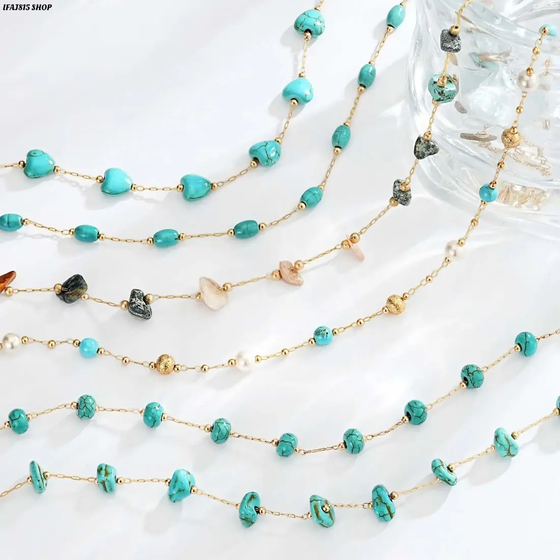 Gold Plated Turquoise Beaded Necklace for Women, Boho Western Style Jewelry with Adjustable Brass Chain, Handmade Layering Necklace, Vintage Inspired Statement Necklace for Summer Beach Vacation, Festival Outfit, Daily Wear & Gift