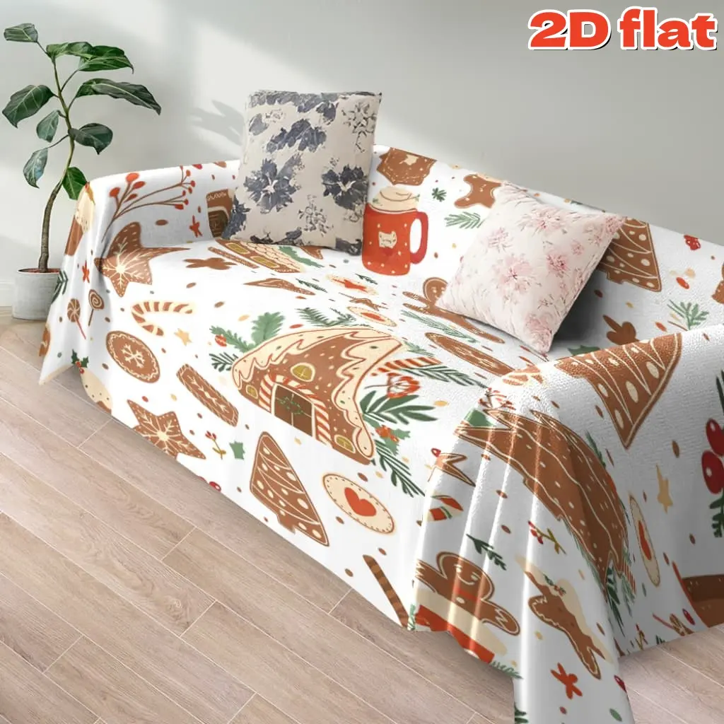 2D flat 1Pc Festive Christmas Gingerbread Man Pattern Sofa Cover - Seasonal Holiday Design with Pine Branches and Stars Durable Machine Washable Couch Protector Perfect for Living Room Home Decor Heat Resistant Anti-Slip Furniture Protection