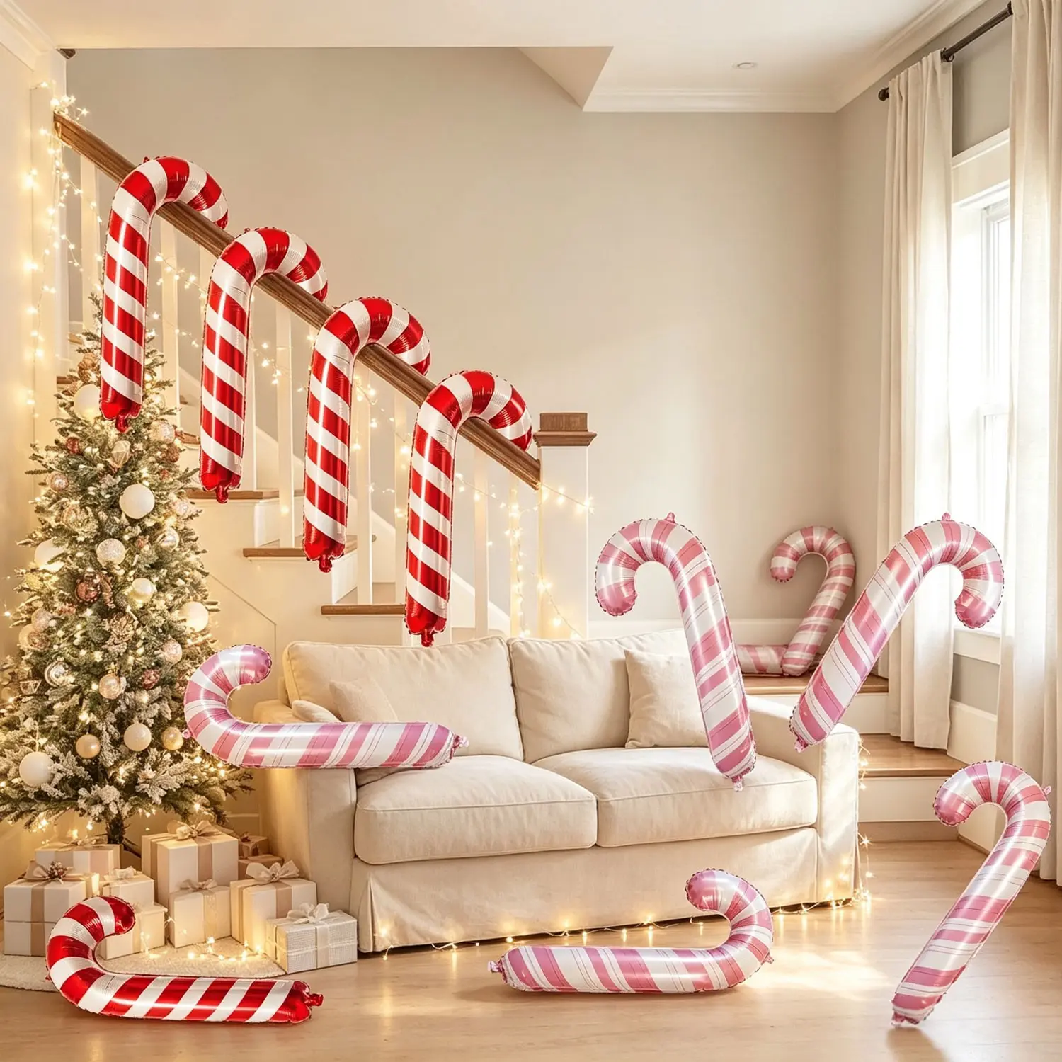 12-Piece Dual-Color Lollipop Balloon Set, and Balloons,Red、pink cane-shaped balloons，Suitable for room stair railings，entryway porches，Living Room Christmas Tree Decorations，Christmas market backdrop, Christmas decorations for children's room