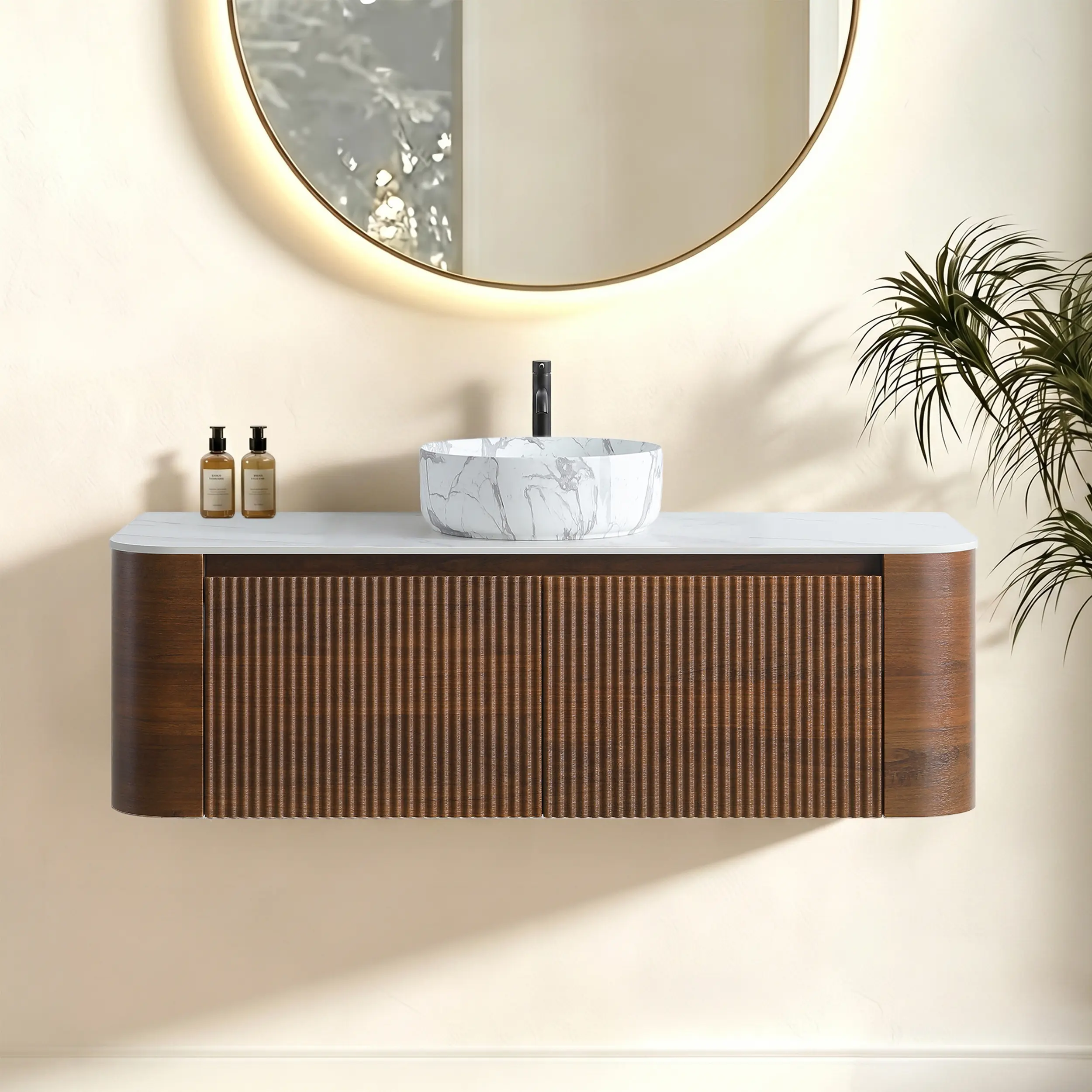ARCH 48 Inch Bathroom Vanity with Sink, Walnut Finish Floor Cabinet, Carrara White Ceramic Basin, Soft-Close Drawers, Sintered Stone Countertop, Towel Rack Included, Pre-Assembled, for Family Bathroom Villa Hotel, Single Sink Combo