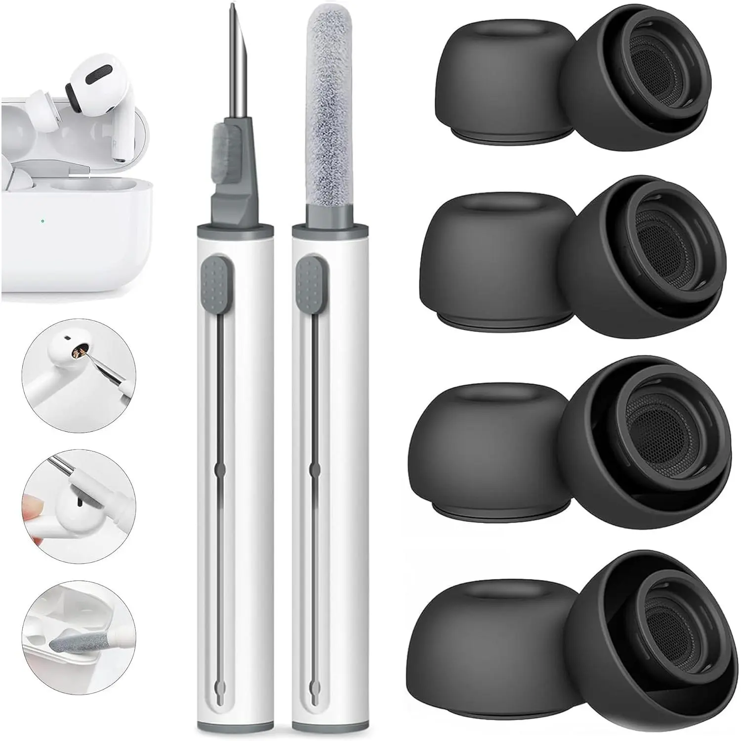4 Pairs Replacement Ear Tips for AirPods Pro for AirPods Pro 2 with Noise Reduction Hole, Non-Slip Soft Silicone Ear Tips, 3 in 1 Cleaner Kit for USB-C Charging Case(XS/S/M/L, Black),Intelligent,Cancelling,portable,Wireless,Bluetooth