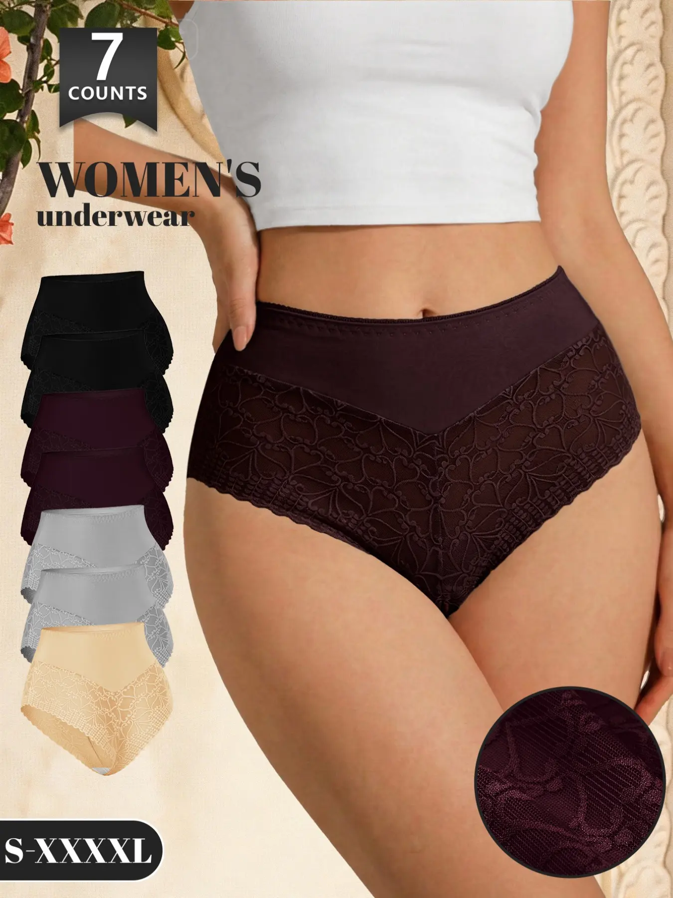 7 Pcs Women's Lace High-waisted Underwear, Soft Breathable Comfortable Fitted Briefs, Sexy Stretch Lingerie, Soft Stretchy Briefs, High Waisted Panty