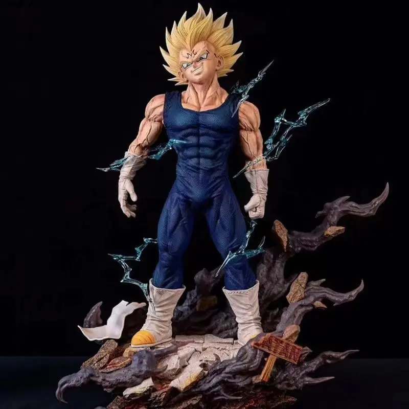 Golden Hair Saiyan Warrior Anime Figure 18.5cm, Dual Replaceable Heads, Lightning Effect, Ruins Base, PVC Desktop Collectible Gift