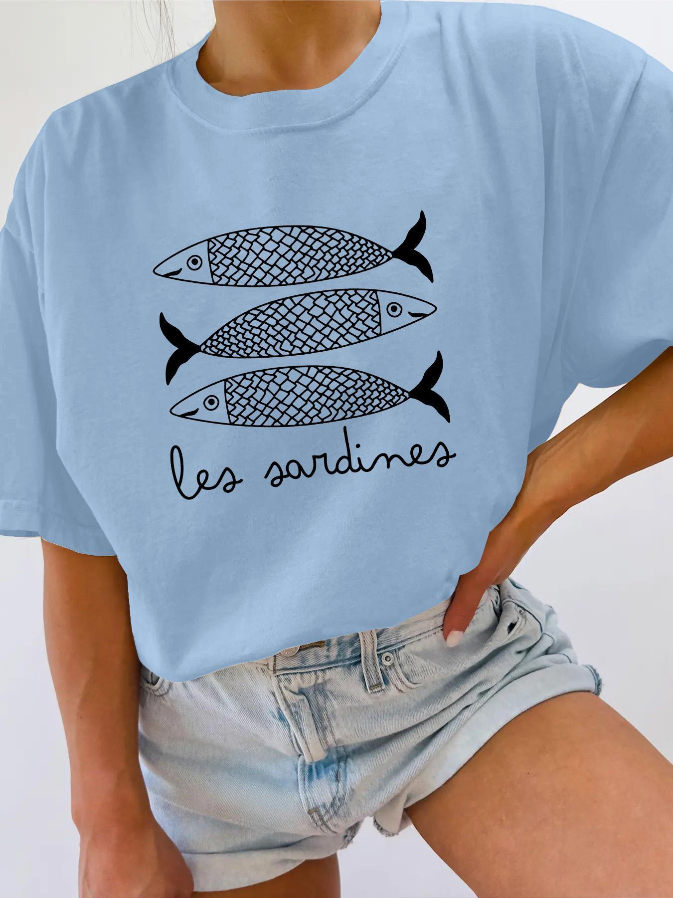 Women's Sardine & Letter Print Round Neck Tee, Casual Short Sleeve Crew Neck T-shirt for Summer, Everyday Fashion Women's Top for Daily Wear