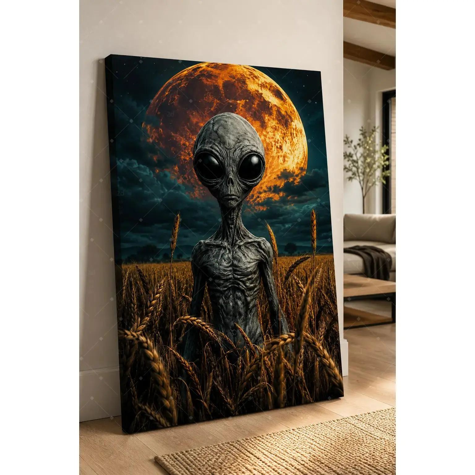 Alien Giant Orange Full Moon Wheat Field Canvas Wall Art, Dark Sci-Fi Mysterious Night Sky Painting For Game Room Man Cave Bedroom Bar Halloween Apartment Wall Decor, Available as Unframed Canvas Poster or Framed Canvas Wrap
