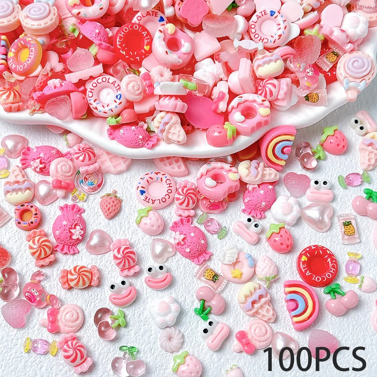 100PCS Kawaii Cartoon Sausage Mouth Cat Claws Resin Nail Charms 3D Creative Simulated Donut Ice Cream Cherry Lollipop Pink Series Nail Decorations Nail Art Set DIY Phone Cases Hairpin Nail Accessories Nail Gems Nail Art Supplies