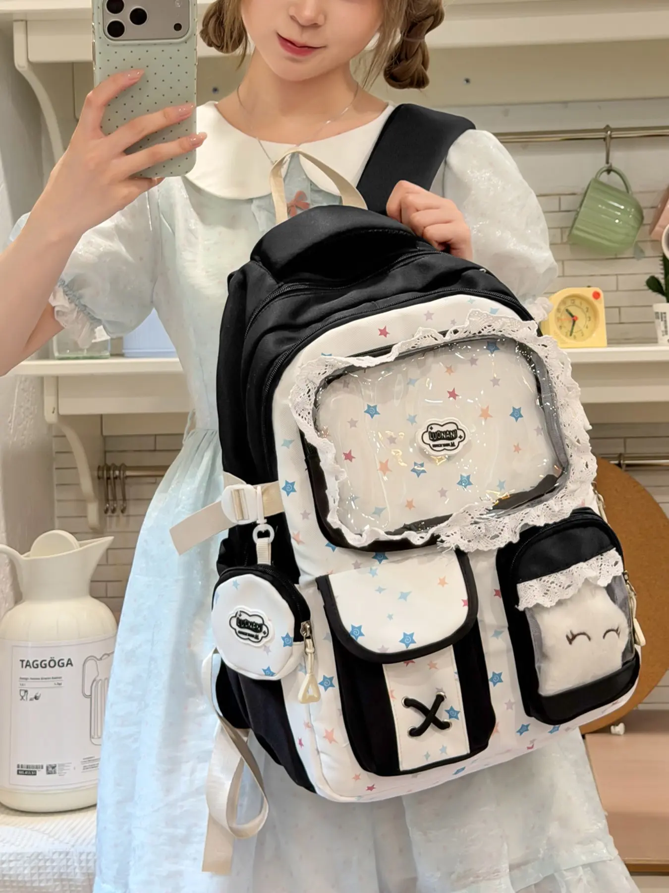 1pc Black White Splice Star Ita Cute Backpack Lace Trim Clear Window Front Pocket Cartoon Plush Doll Charm Multi Compartment Daypack For Girls Middle High School Student