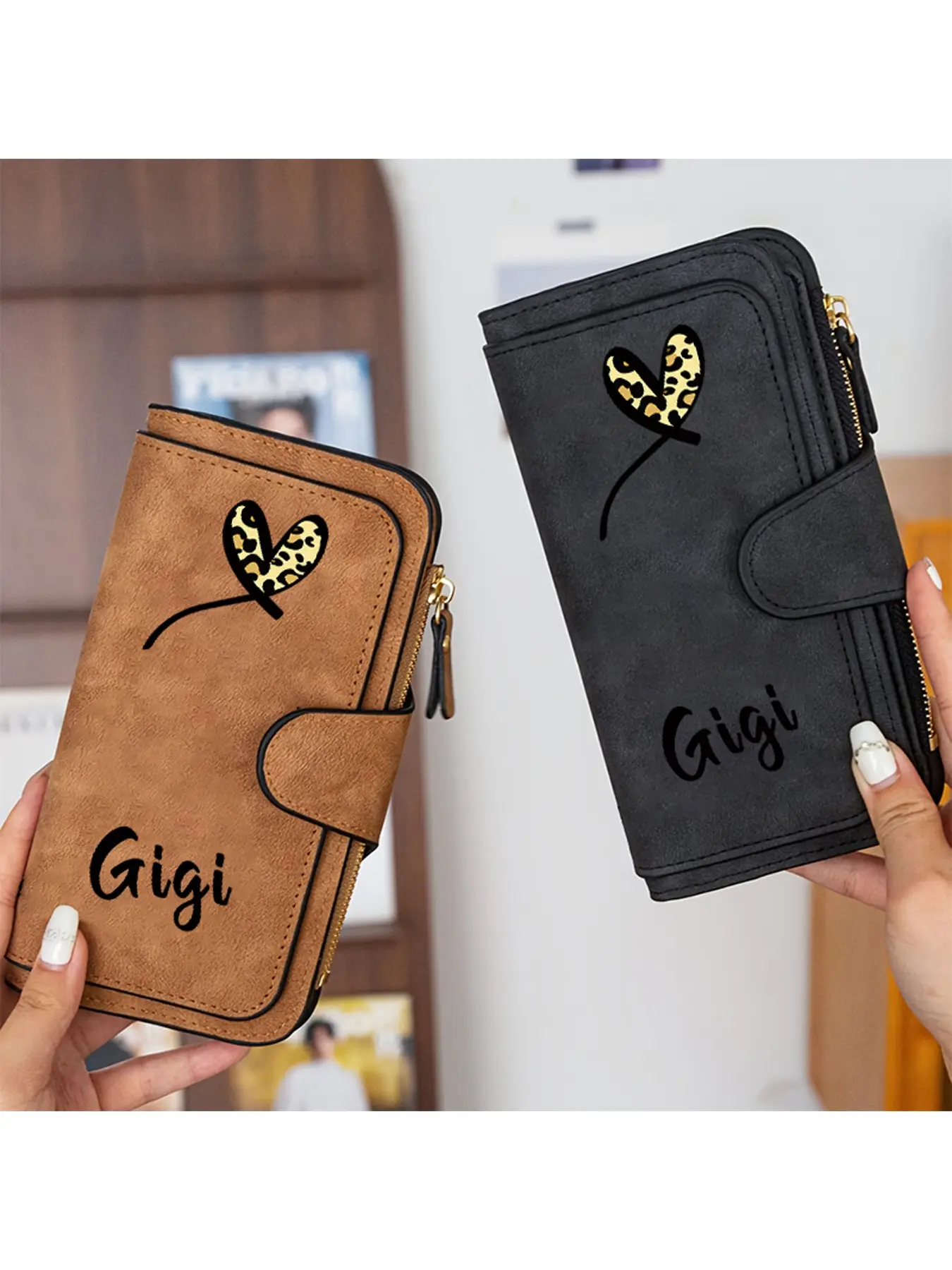 Multi functional long women's wallet, four fold women's hand-held wallet, decorated with leopard print hearts and "Gigi" patterns, multi card fashionable women's wallet, a birthday gift/Halloween gift/Christmas gift for someone