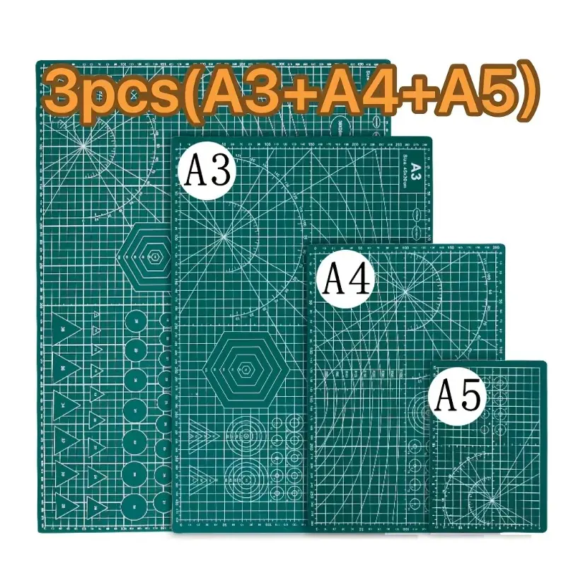 3-Piece Set (A3, A4, A5): Non-slip Cutting Mat with Grid Lines. Suitable for crafting materials; double-sided use. Durable, multi-purpose self-healing cutting mat for quilting and precision crafting.