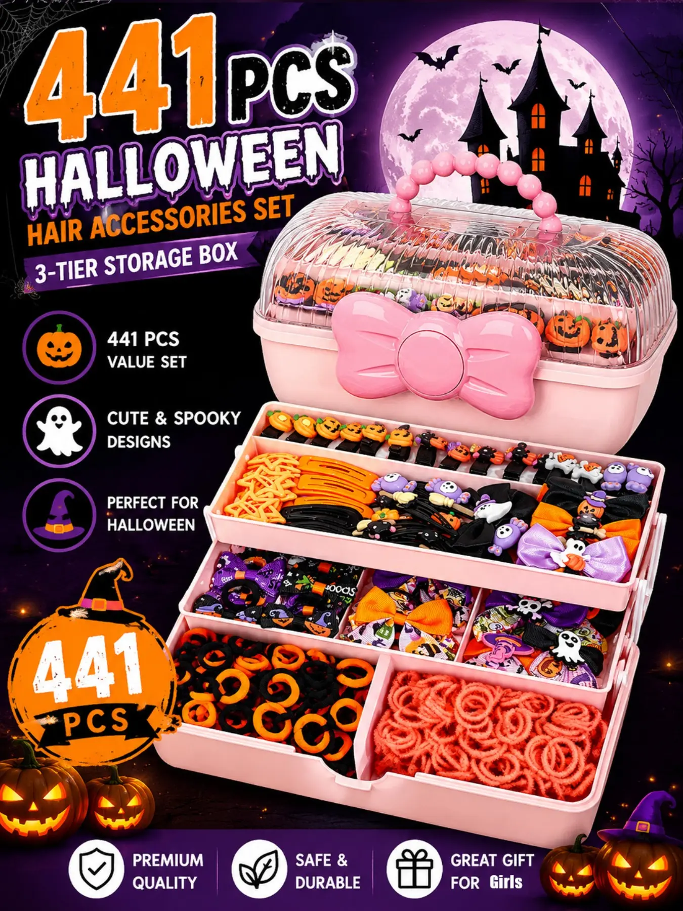 441 pieces/set Little Girl Halloween Hair Accessory Set, comes with a 3-layer storage box, including cute pumpkin and ghost hair clips and hair ties, perfect Halloween gift