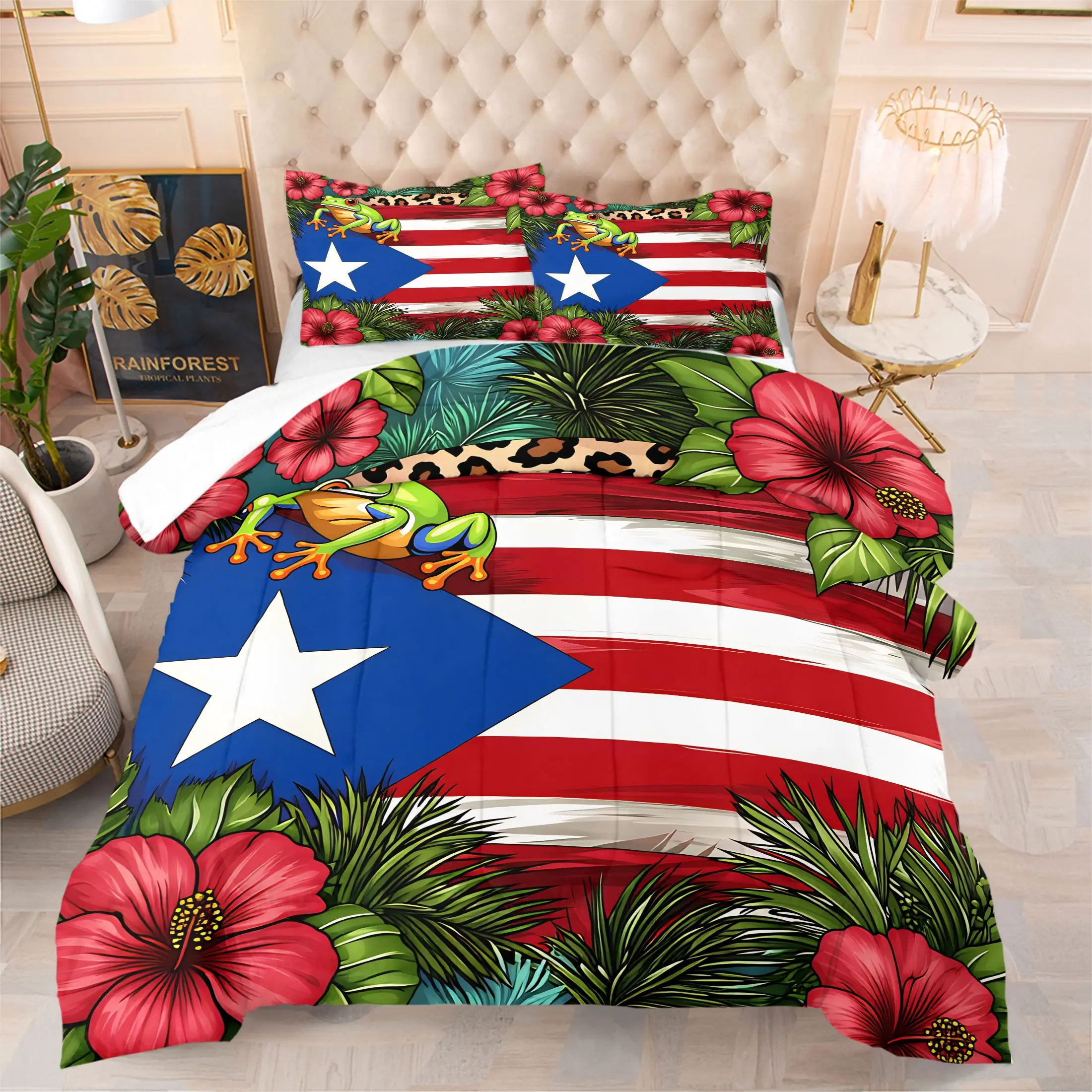 Puerto Rico Flag Coqui Frog Print Comforter Set-1 Quilt and 1-2 Coreless Pillowcases-Tropical Hibiscus Flower with Leopard Palm Leaf Decoration-Comfortable Fabric-Vibrant Island Style Bedroom Decor or Gift for Puerto Rico Culture Lovers Comfy Bedding Set