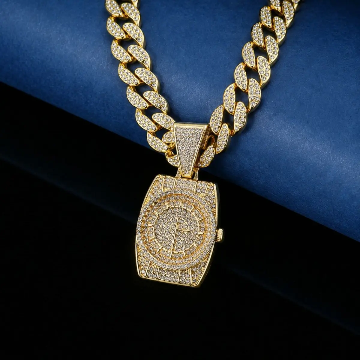 Unisex Hip Hop Cuban Link Chain, Stainless Steel Clock Dial Pendant Necklace with Roman Numerals for Nightclub