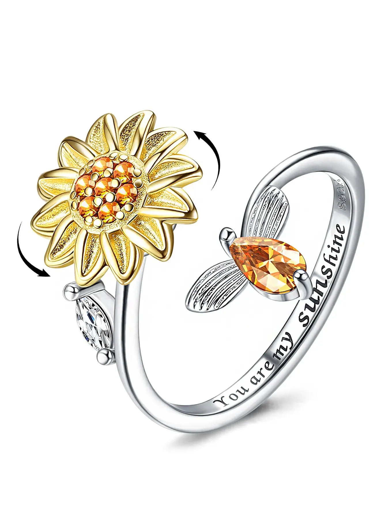 1pc Rotating Rhinestone Ring For Women, Anxiety Relief Adjustable Open Ring, Delicate Niche Ring, Luxury Couple Wedding Gemstone Ring, Ladies Knuckle Ring With Bee & Daisy Flower Decor, Fashion Rings