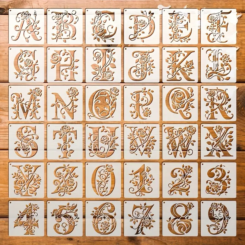 36 sets of patterned letter and number painting templates, Diy kit, suitable for various scenarios such as painting, wall decoration, gift box DIY, greeting card making, etc. The template is made of reusable and easy to clean plastic material
