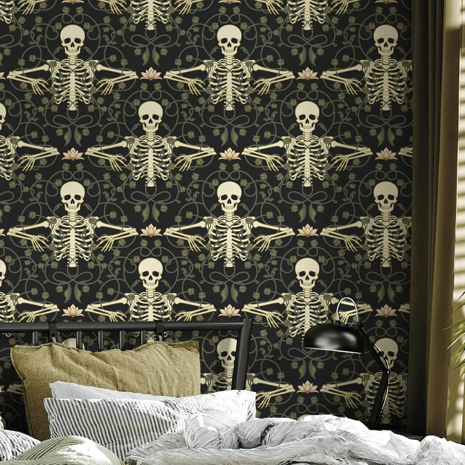 Vintage Human Skeleton Floral Pattern Self-Adhesive Wallpaper, Removable No Residue Wall Sticker, Gothic Halloween Decor for Living Room Bedroom Kitchen Bathroom