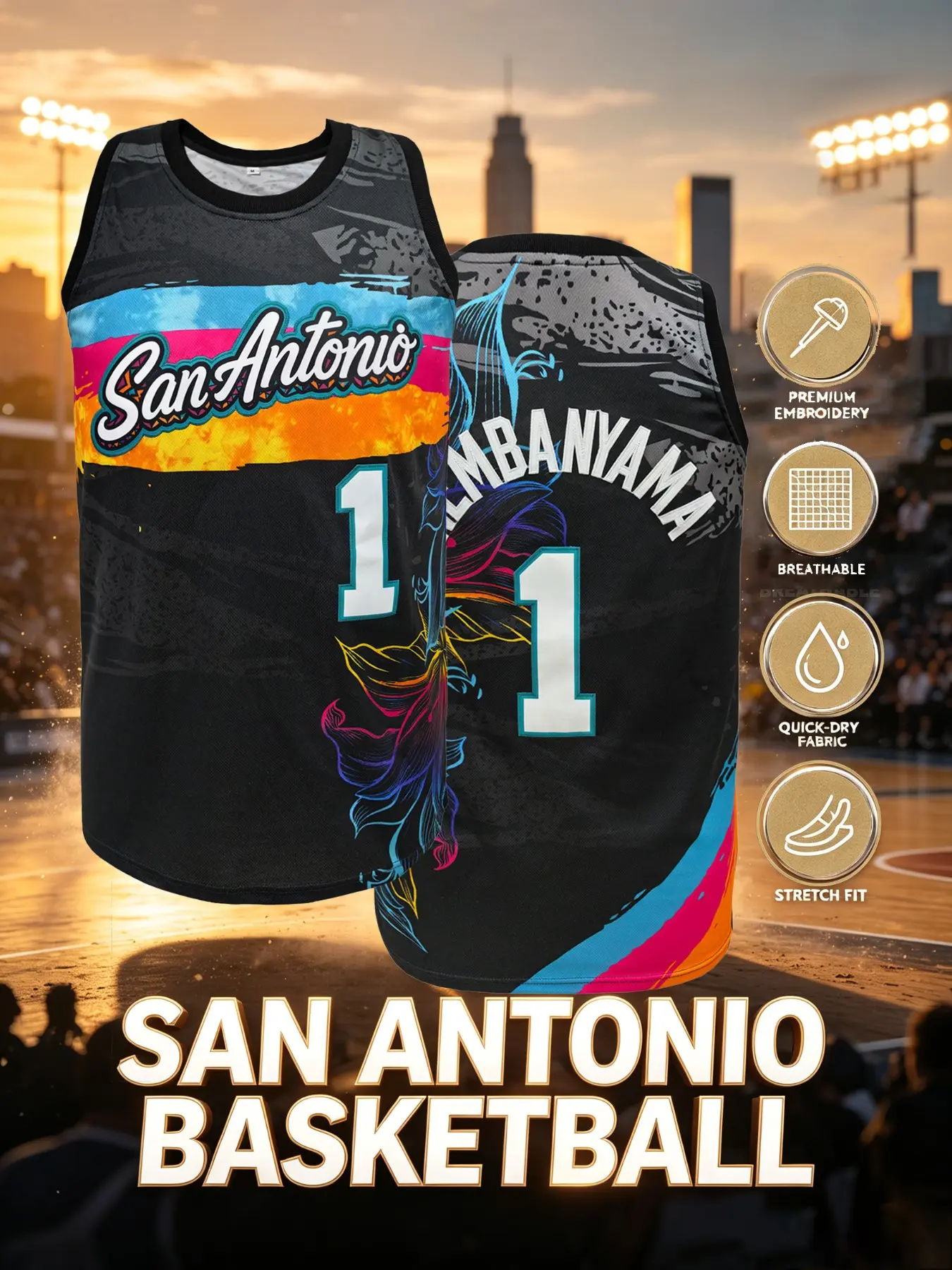 San Antonio #1 #2 Basketball Jersey, Embroidered Sports Top, Polyester Breathable, Vintage Style, Collectible for Fans