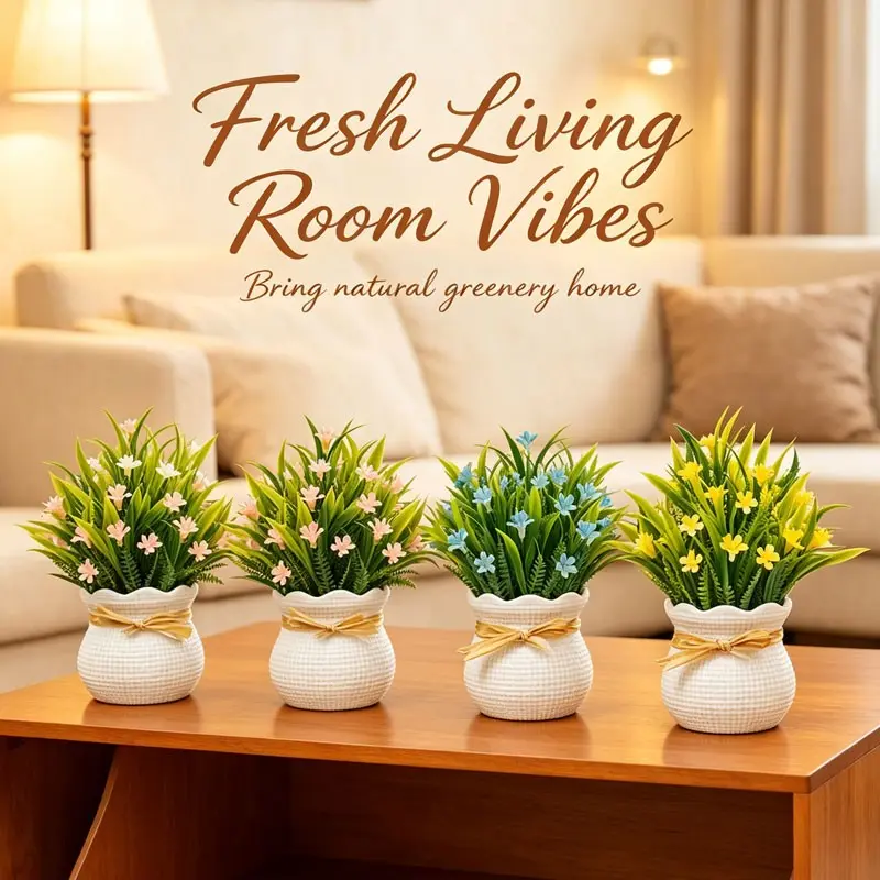 4 sets of small artificial flower pots and plants, suitable for decoration throughout the year, applicable for flower art ornaments, tabletops, home decoration, bathrooms and office decoration, Artificial Potted Flowers