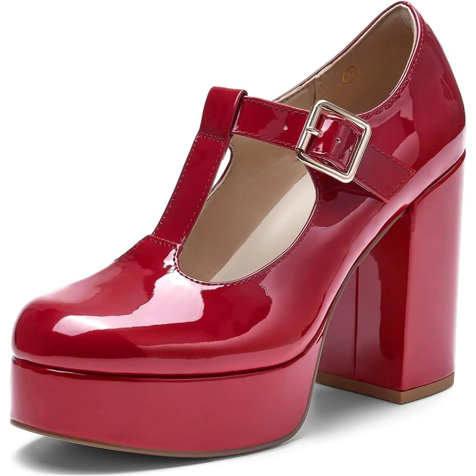 Coutgo Women's Mary Jane Heels - Minimalist Patent PU Rubber-Soled Leather & Faux Leather Chunky Platform Shoes with T-Buckle Strap, Women's Shoes for Casual, Outdoor Use