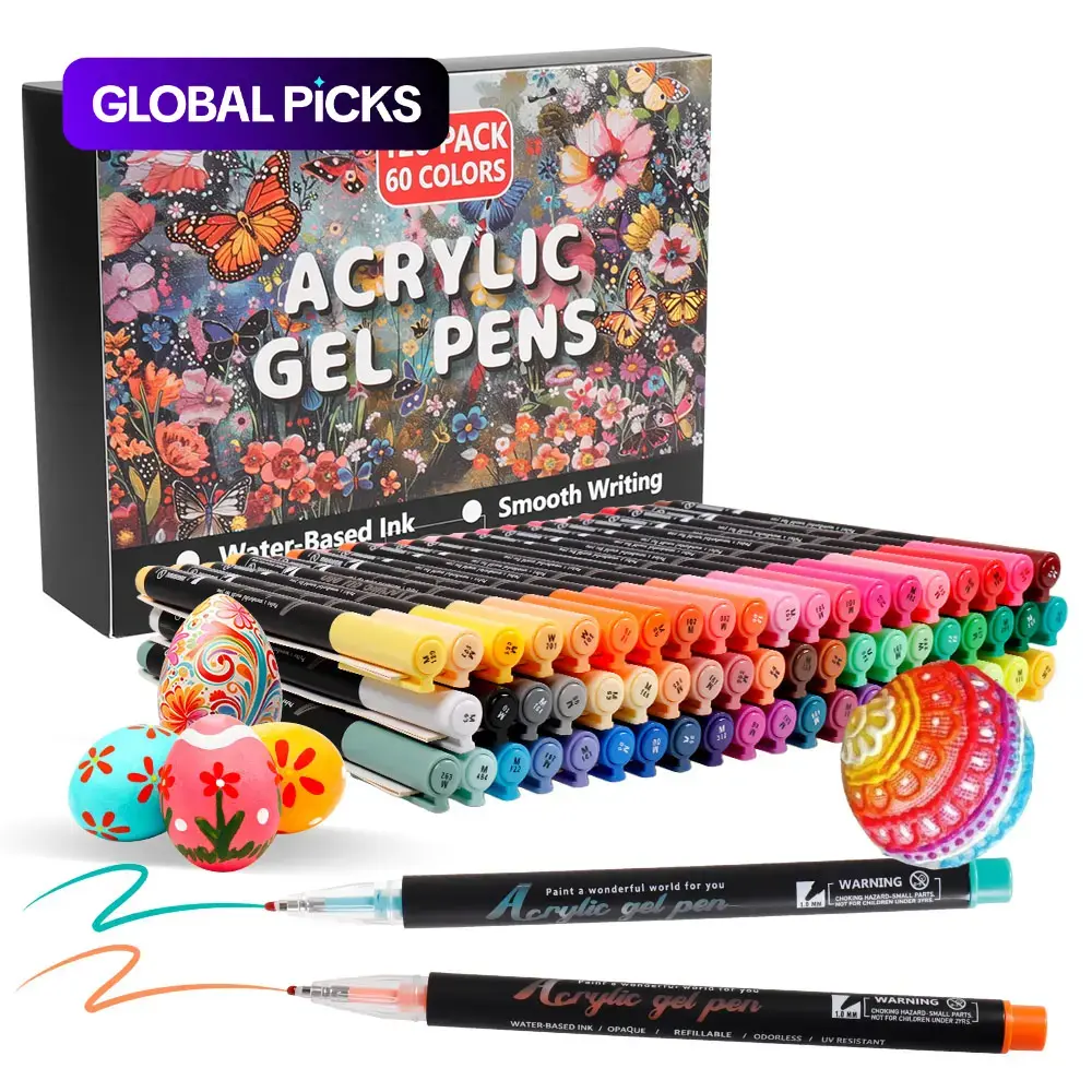 120pcs 3D Acrylic Gel Pens Art Set, Art Materials, 60 Colors Paint Markers with 1mm Bullet Tip, Ideal for Paper, Rock Painting, Glass, Wood, Fabric, Cards