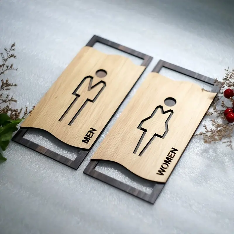 2-Pack Wooden Men Women Bathroom Signs, Minimalist Style Toilet Door Plaques, Restroom Decor Indicator Plates, Simple Design