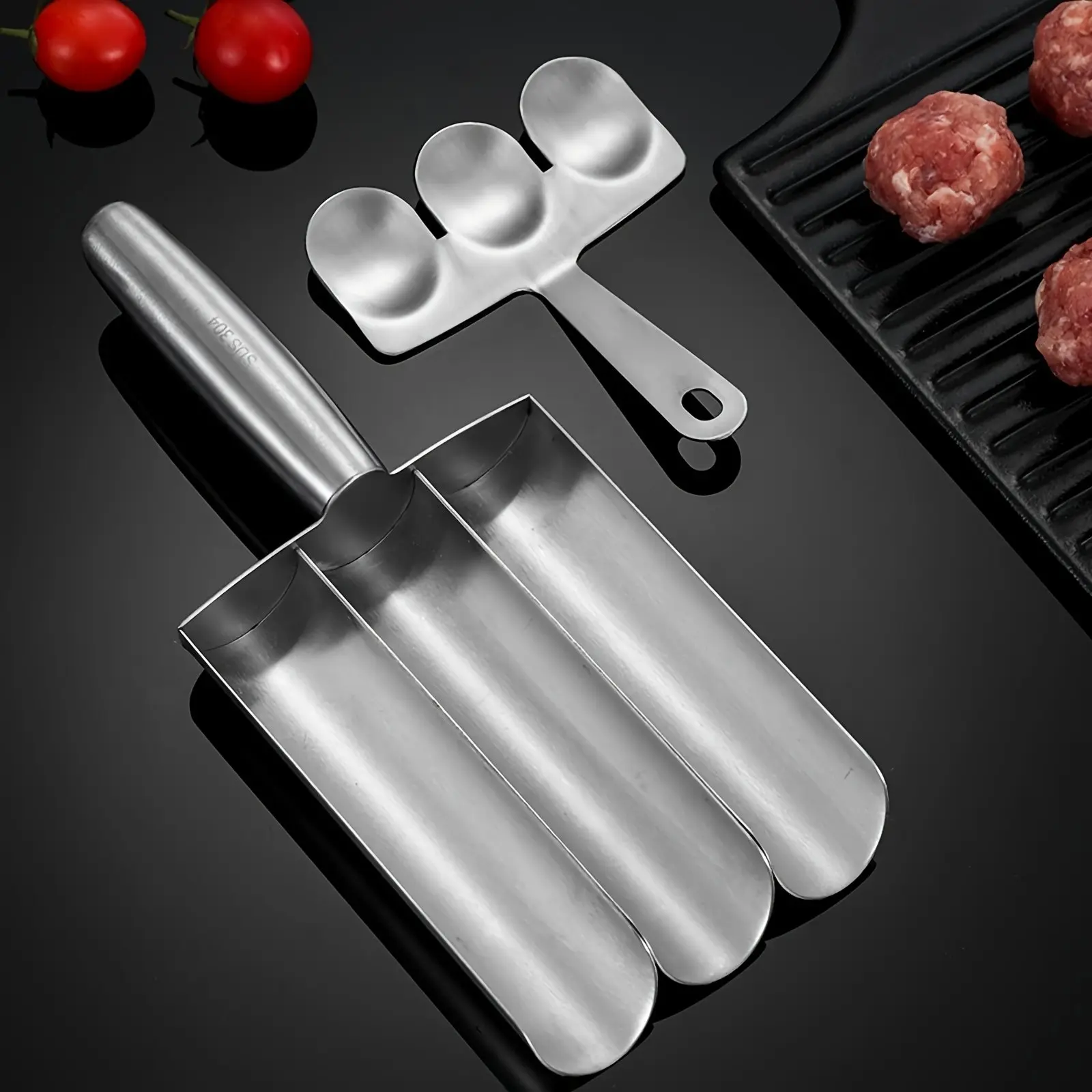 Stainless Steel Triple Meatball Maker Set, Includes Cutting Spoon, DIY Quick Cooking Tool, Home Kitchen Equipment, Meatball Mold Kit
