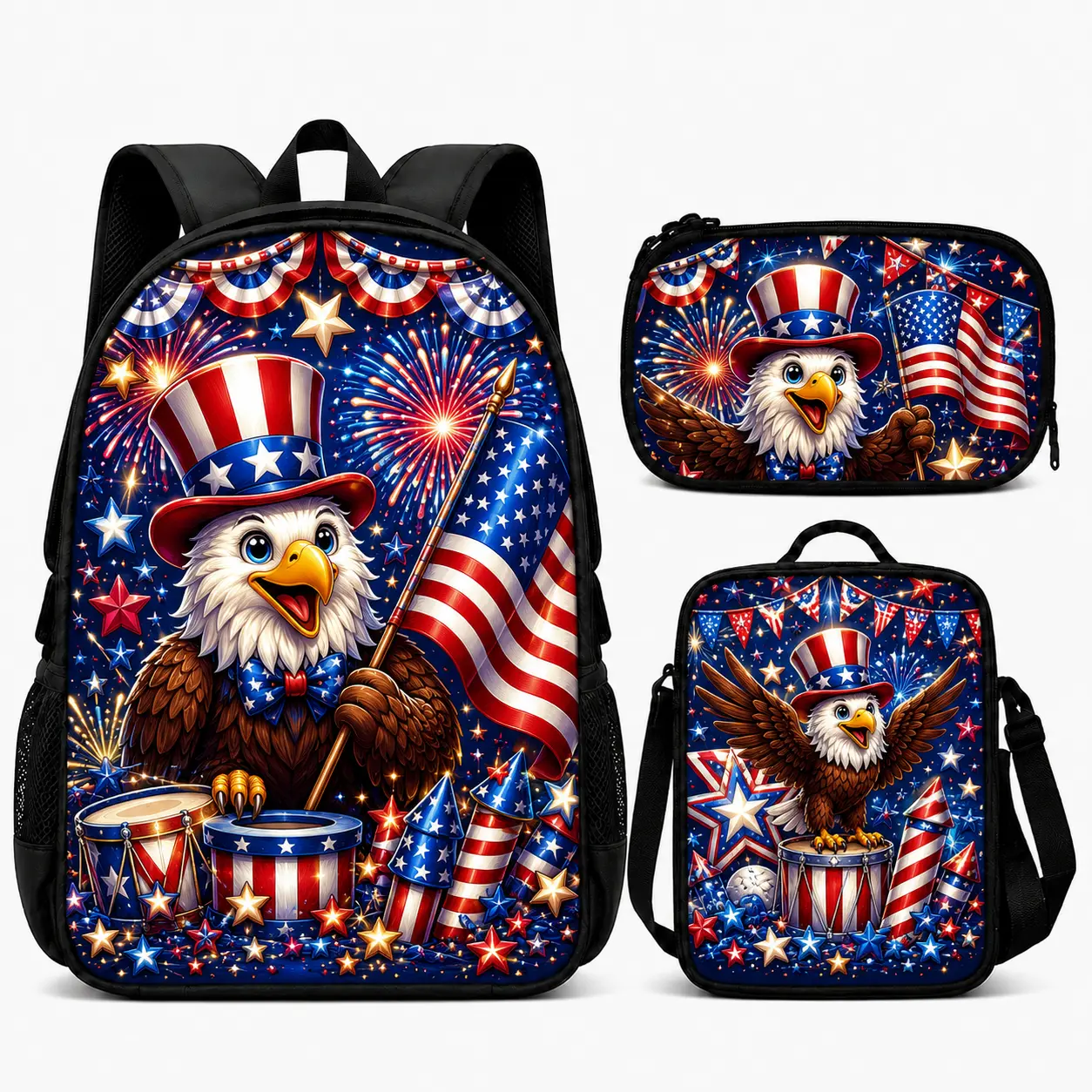 Patriotic American Flag 3 Piece Backpack Set, Bookbag with Matching Lunch Bag and Pencil Case, Adjustable Straps, Top Handle and Side Pockets, Patriotic USA Fourth of July Design for School and Travel