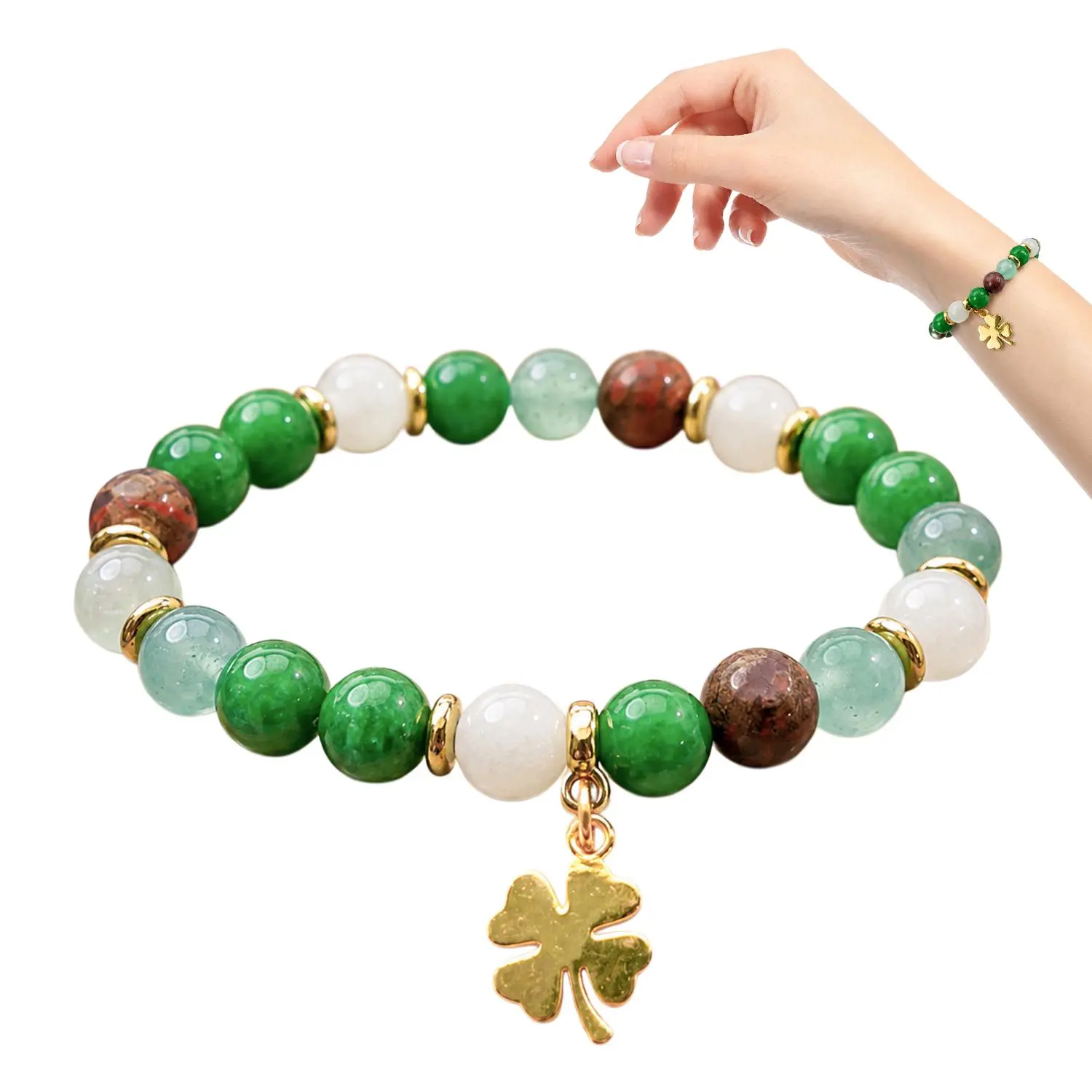 Money Attraction Tiger Eye Stone Abundance Bracelet, with Flover Pendant, Adjustable Unisex Amulet with Green Aventurine Crystal Charms, Good Fortune