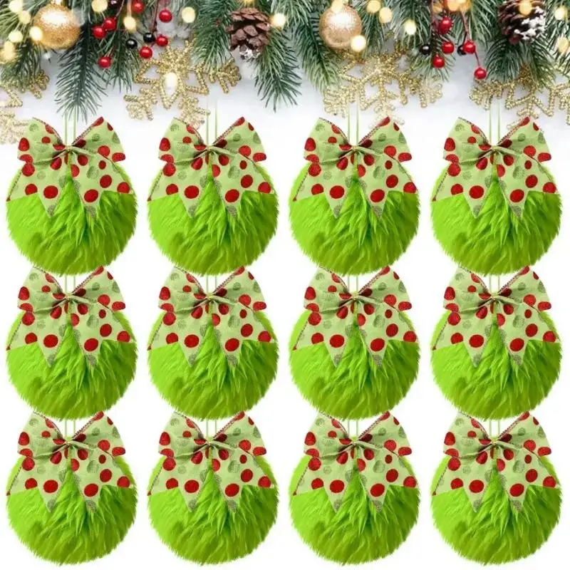 12 Pieces Christmas Tree Ornaments, Glossy Plush Balls with Bows, Soft Holiday Decorations, Durable Polyester Chain