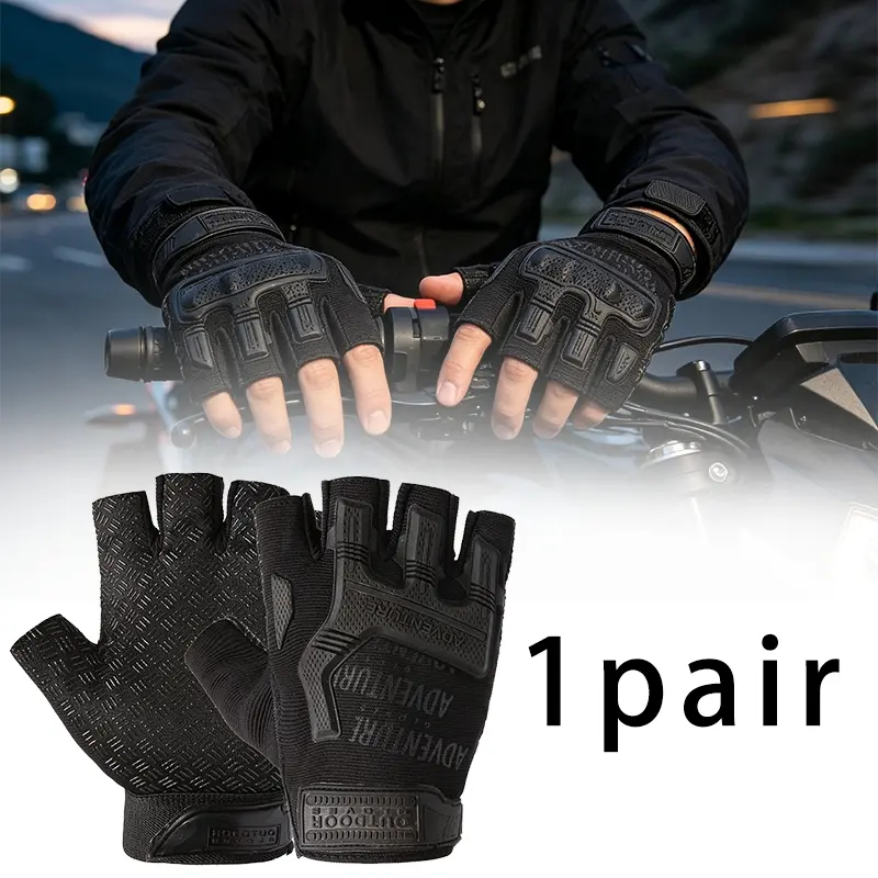 1 pair Black Half Finger Motorcycle Riding Gloves Shock Absorbing Protective Gear Anti-slip Adjustable Wrist Strap Breathable Outdoor Motorbike Driving Cycling Tactical Gloves for Men Summer Adventure Motocross Hand Protection