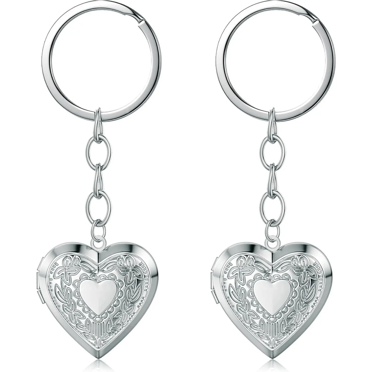 2PCS Elegant Heart Locket Keychain with Decorative Chain Stainless steel, Heart Pattern Design, Photo Frame Pendant