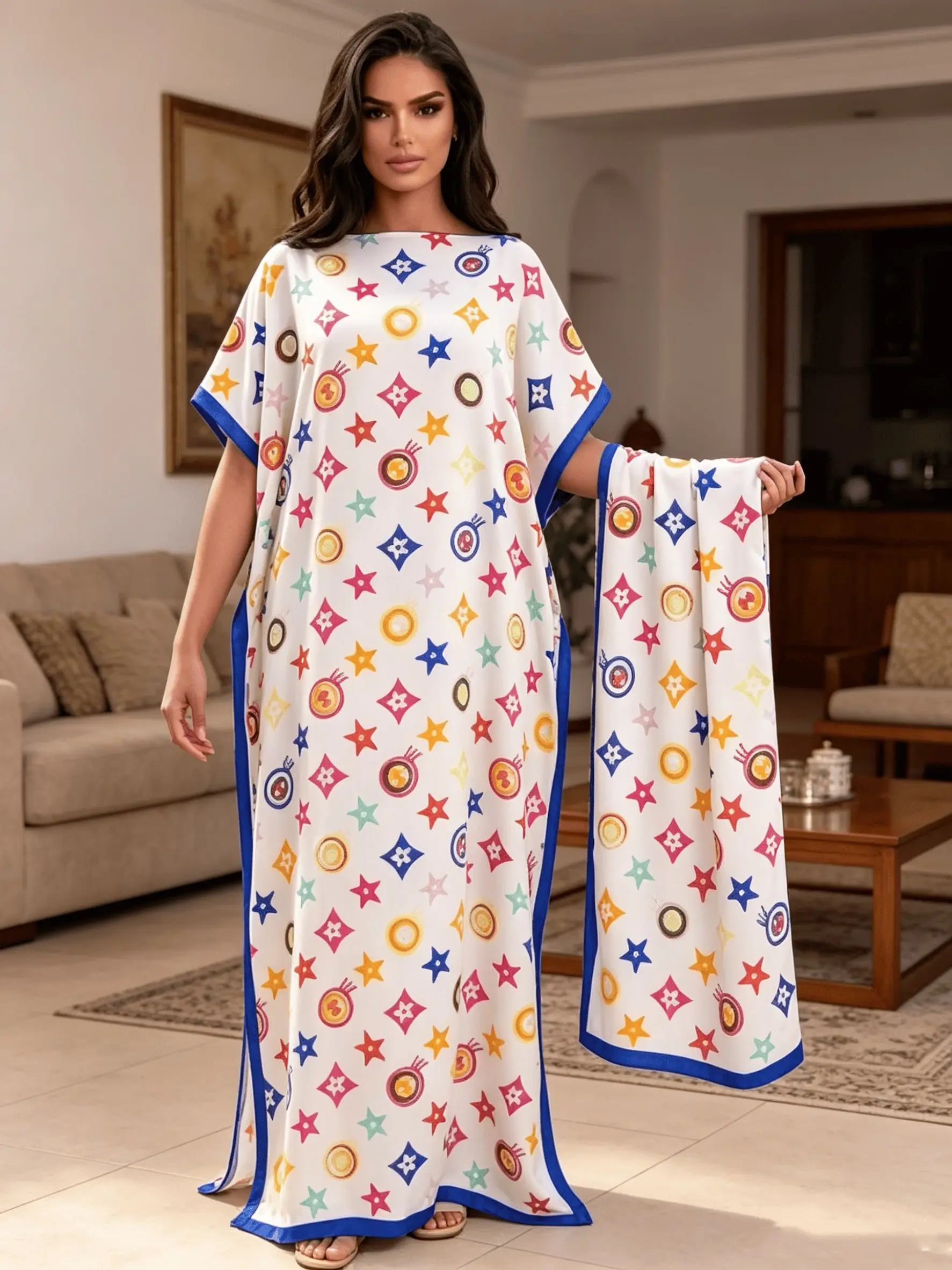 2026 New Women's 2 Piece Multicolor Star Logo Print Kaftan Maxi Dress, Silky Satin Robe, Beach Cover Up, Resort Vacation & Evening Party Wear