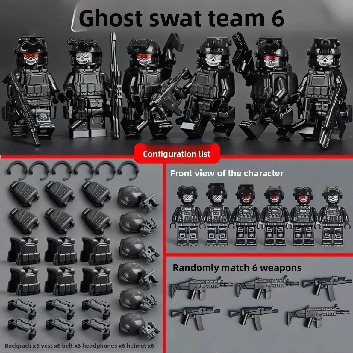 Ghost Camo Tactical Brick Minifigures, Compatible Universal Interlock Bricks With Full Tactical Decor Attachments, DIY Assembly Collectible Character Display Set