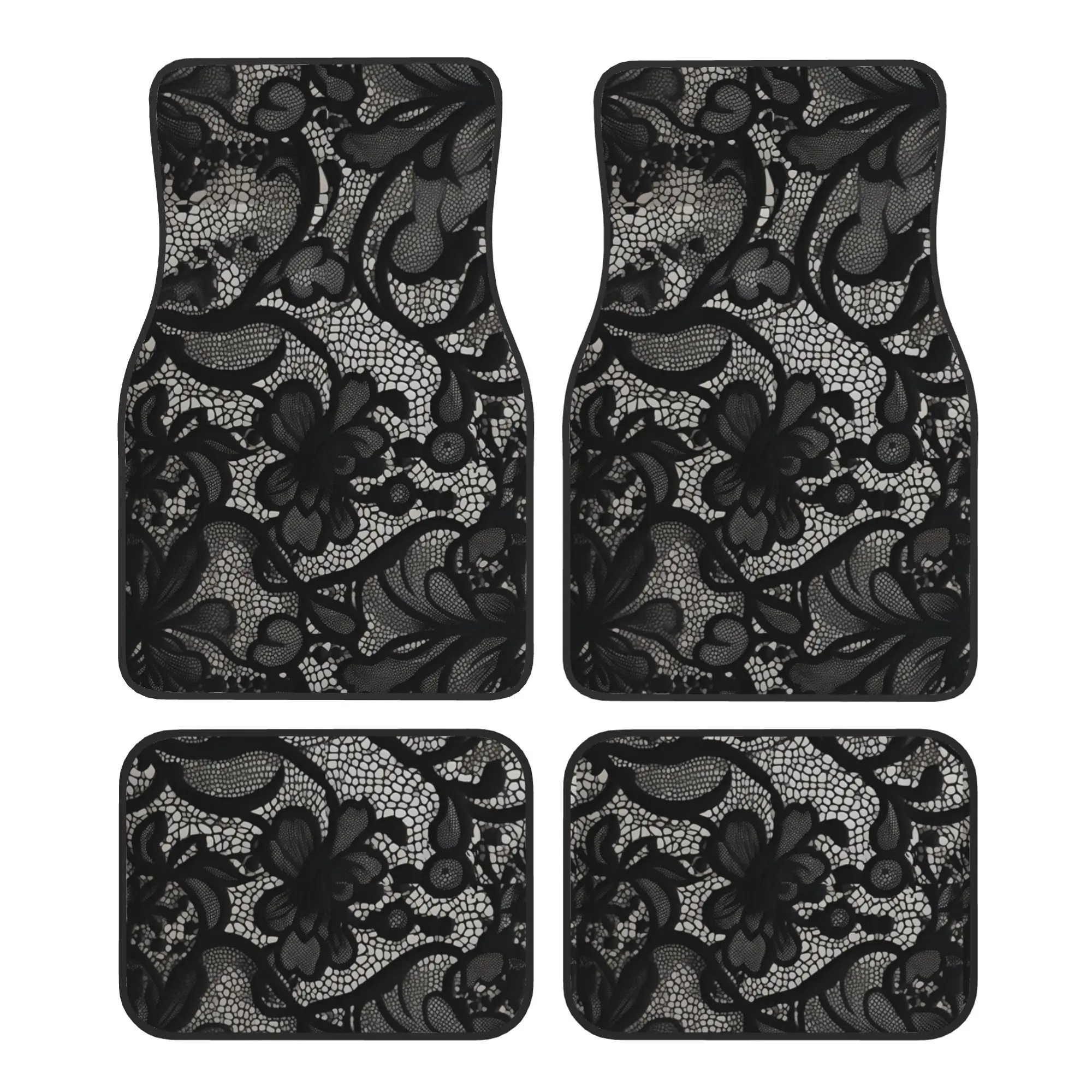 4pcs Black Lace-Pattern Car Floor Mats, Car Mats Set, Automotive Mats, Car Accessory, Stylish, Easy to Clean, Universal Fit, Crafted from Durable Polyester Fiber for Long-Lasting Protection, Enhancing Your Driving Experience, The Perfect Gift for Friends