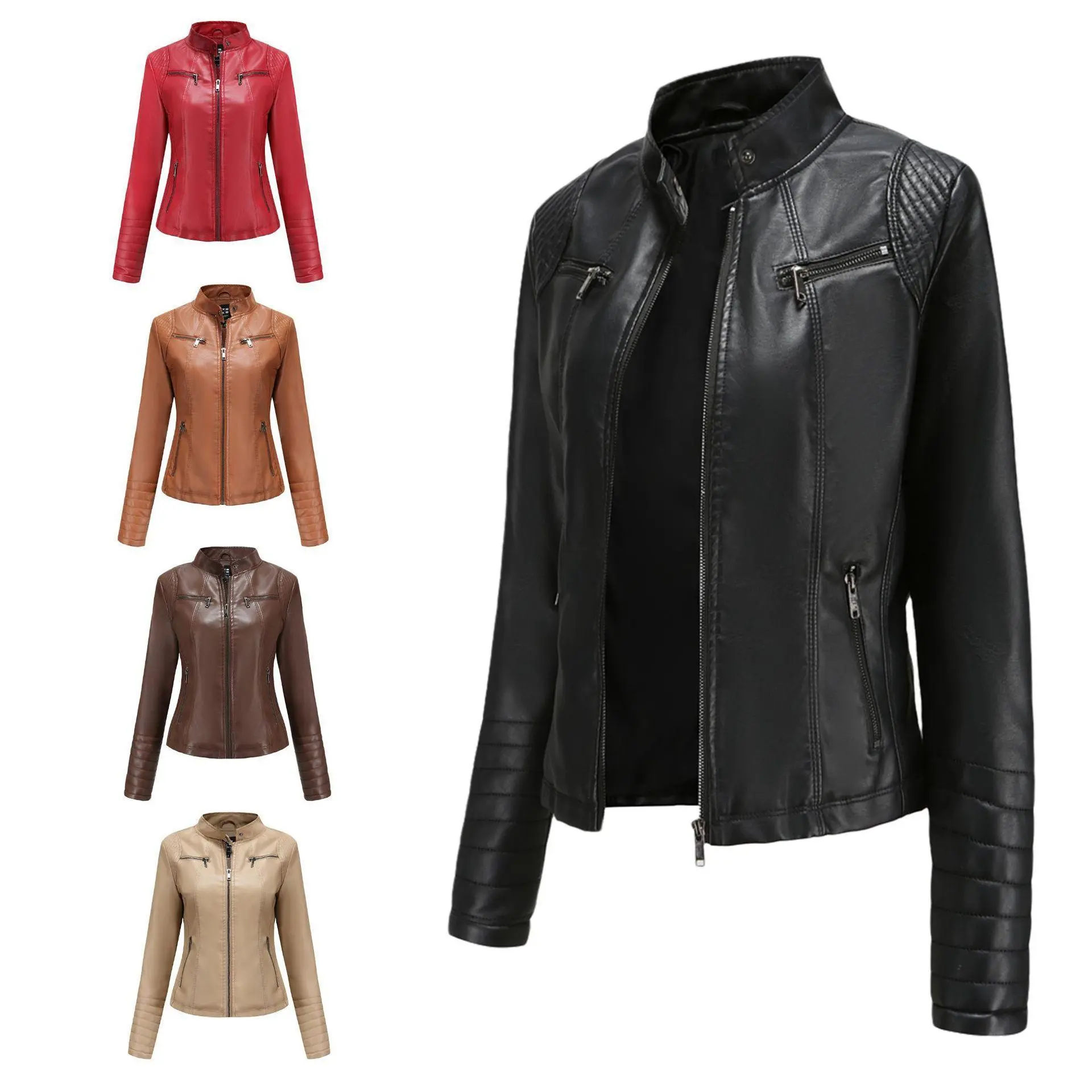BIGWIG Women's Faux Leather Motorcycle Jacket, lightweight biker jacket, short jacket, elegant and casual style, stand-up collar design, classic vintage zipper, slim fit, loose and comfortable, suitable for spring and autumn
