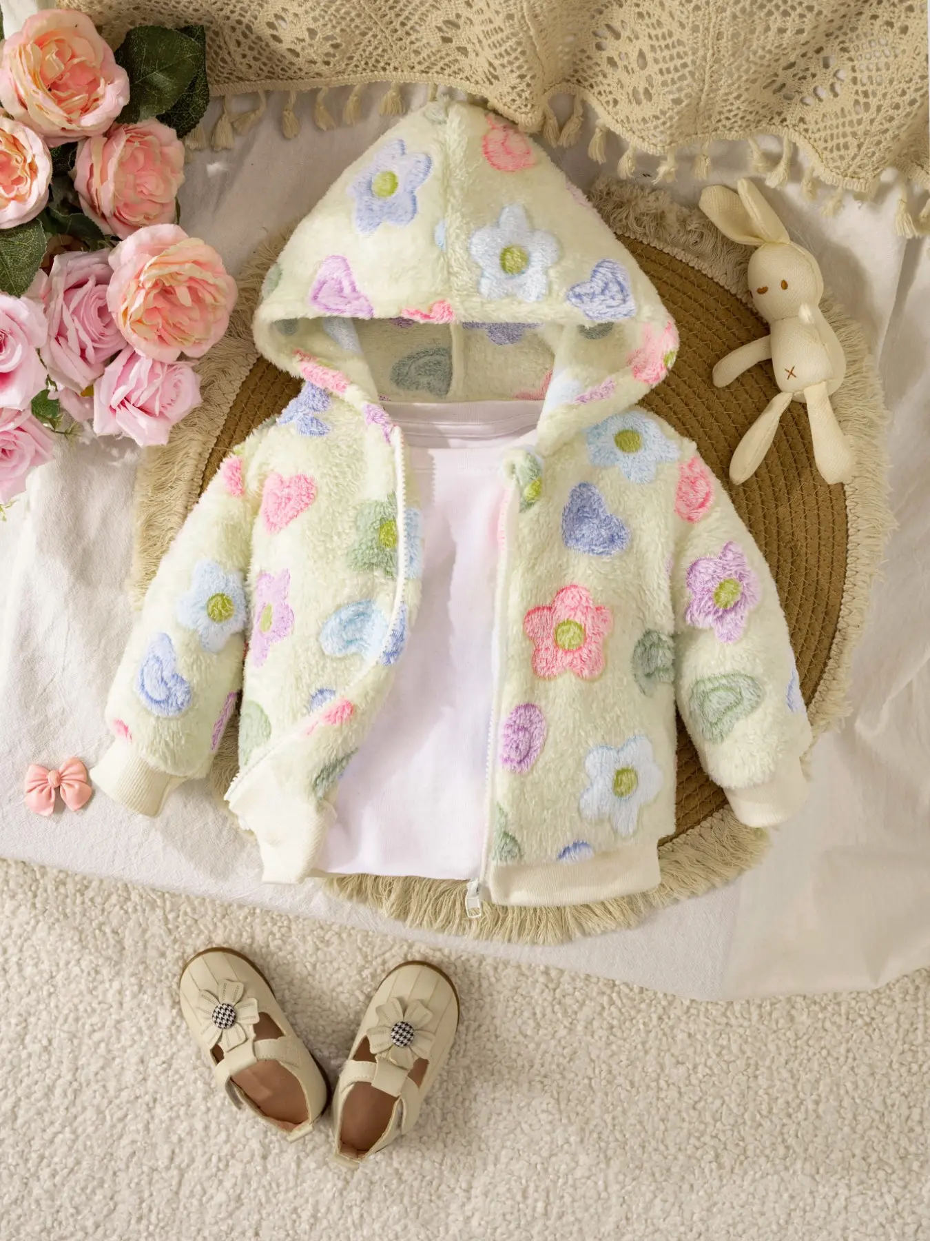 Cute Heart Pattern Fleece Hooded Jacket for Baby Girls, Baby Clothing, Soft Thick Warm Cozy Zipper Coat, Perfect for Autumn Winter Outdoor Play