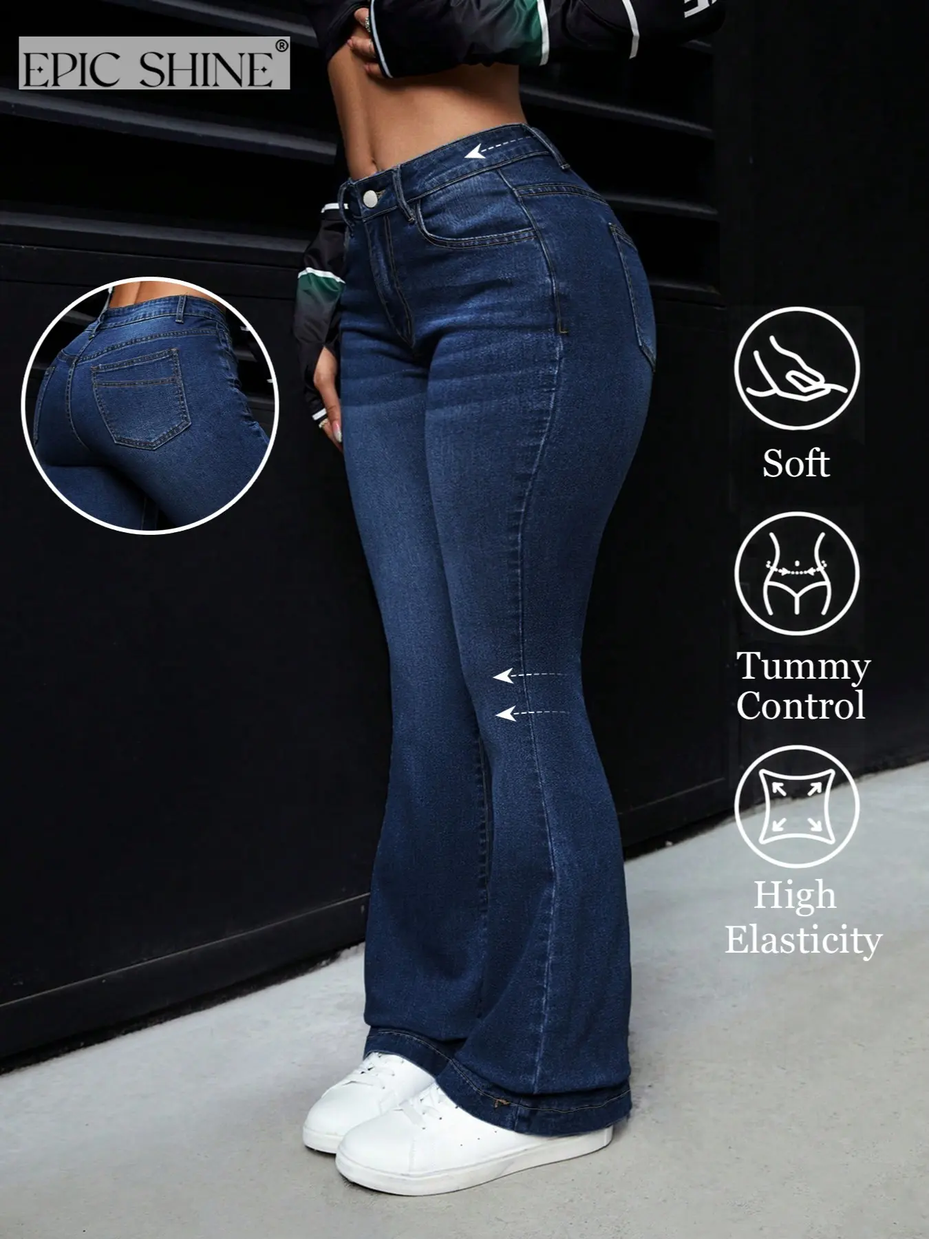 Women's High Waist Flare Denim Jeans, Dark Wash Vintage Style, Casual Fit, Slimming Effect, Daily Wear, All Seasons Commute