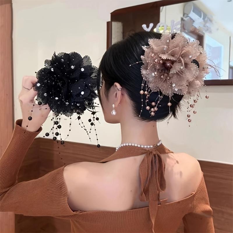 Elegant Large Round Flower Hair Clip With Feathers Tassels Volume Enhancing Shark Clip Peony Flower Design Hair Accessories For Wedding Prom Everyday Updo