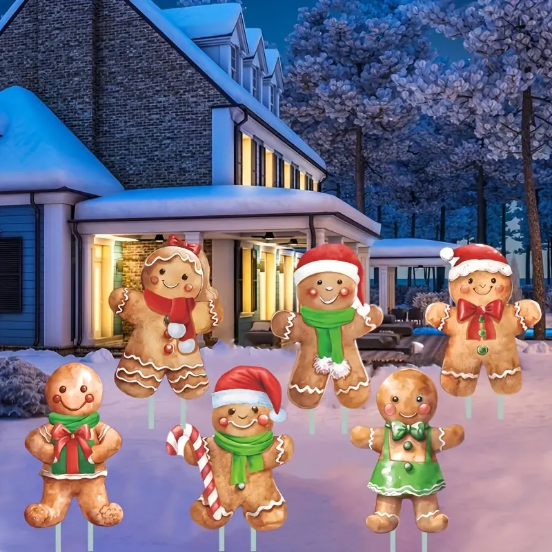 6 Pcs Merry Christmas Gingerbread Man Yard Sign with Stakes, Gingerbread man Lawn Sign Colorful Lawn Patio Yard Decorations for Holiday Party Home Lawn Pathway Walkway Decorations Supplies