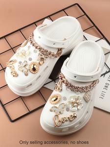 14pcs casual fashionable rhinestone & letter decorated shoes decorations, chain & bowknot design shoes charm for vented clogs decoration