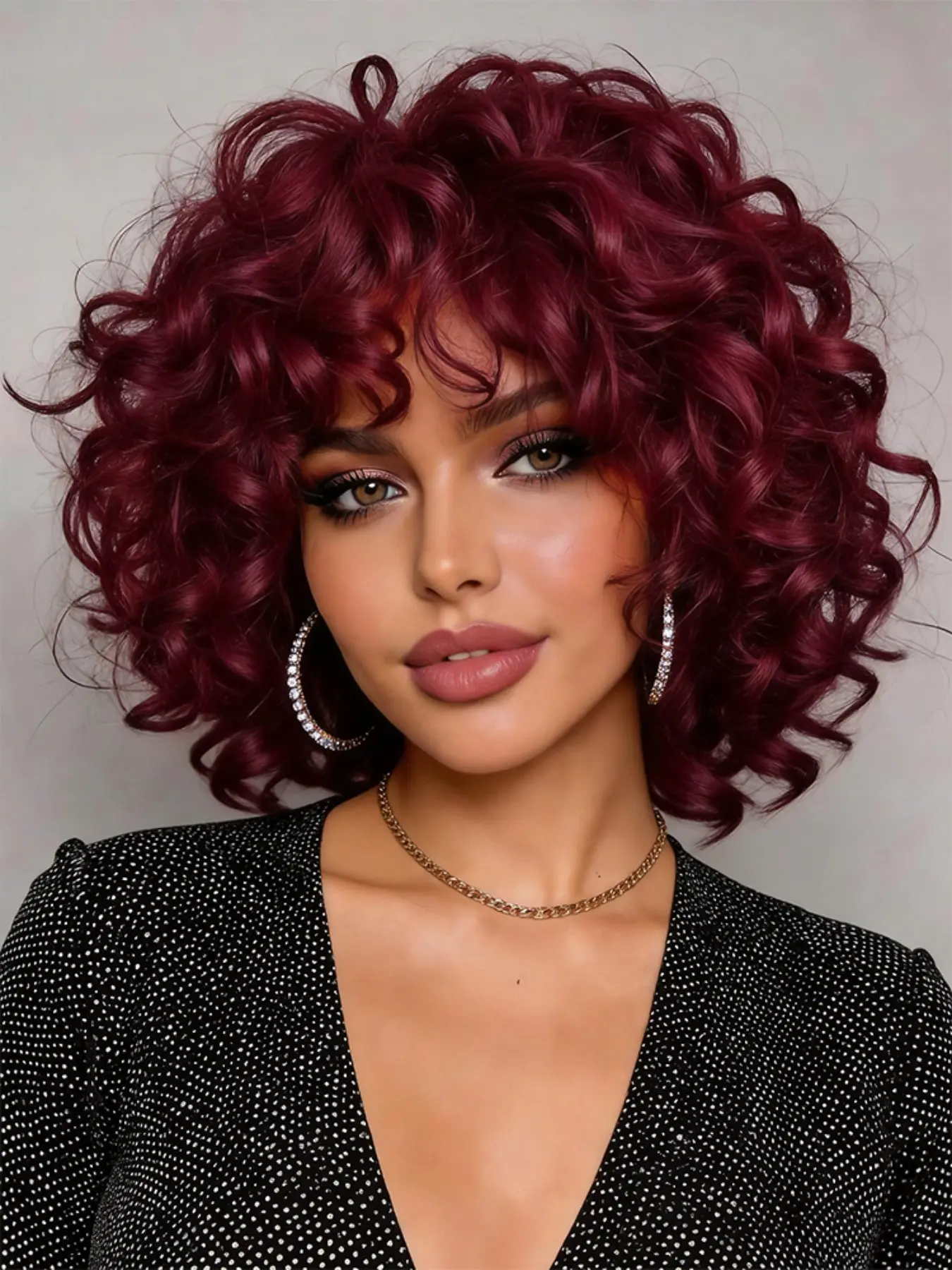 Burgundy Curly Afro Wig with Bangs for Black & White Women Synthetic Hair Fluffy Soft Natural Replacement Wig for Daily & Cosplay