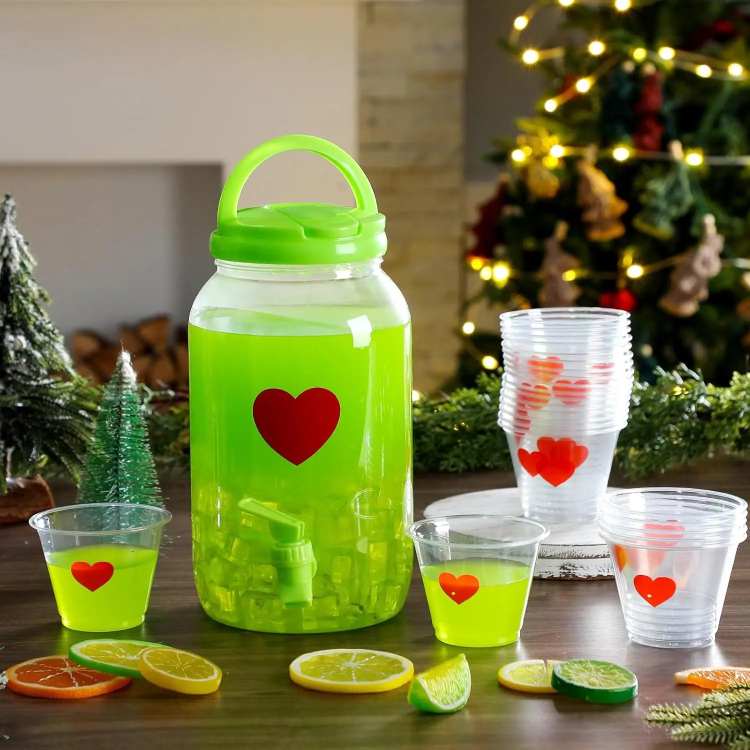 1 Gallon Christmas Drink Punch Dispenser & 25 Pcs Red Heart Plastic Cups Lime Green Xmas Decoration Mocktail Dispenser With Spigot For Christmas Holiday Party