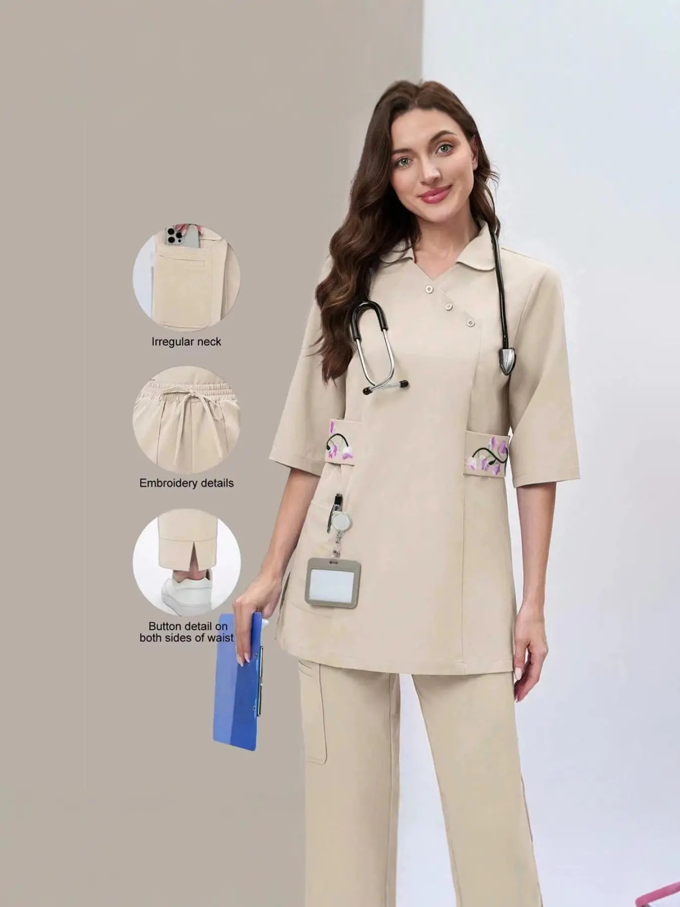 Women's Medical Uniform Set, Side Print Waist Cinch, Long Sleeve, Loose Fit, Multi-Pocket Top, Drawstring Split Pants, All Seasons