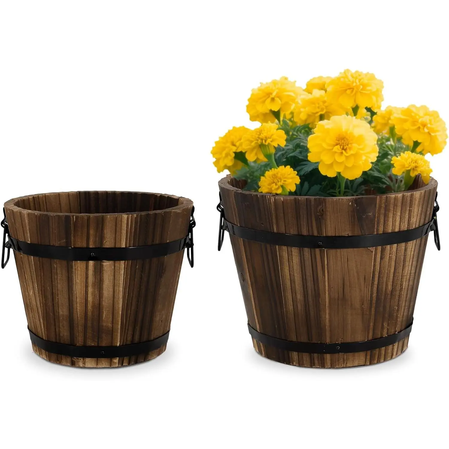 Wooden Barrel Planters, 8 inch 7 inch  Pot with Drainage Holes for Indoor  Decor, Set of 2
