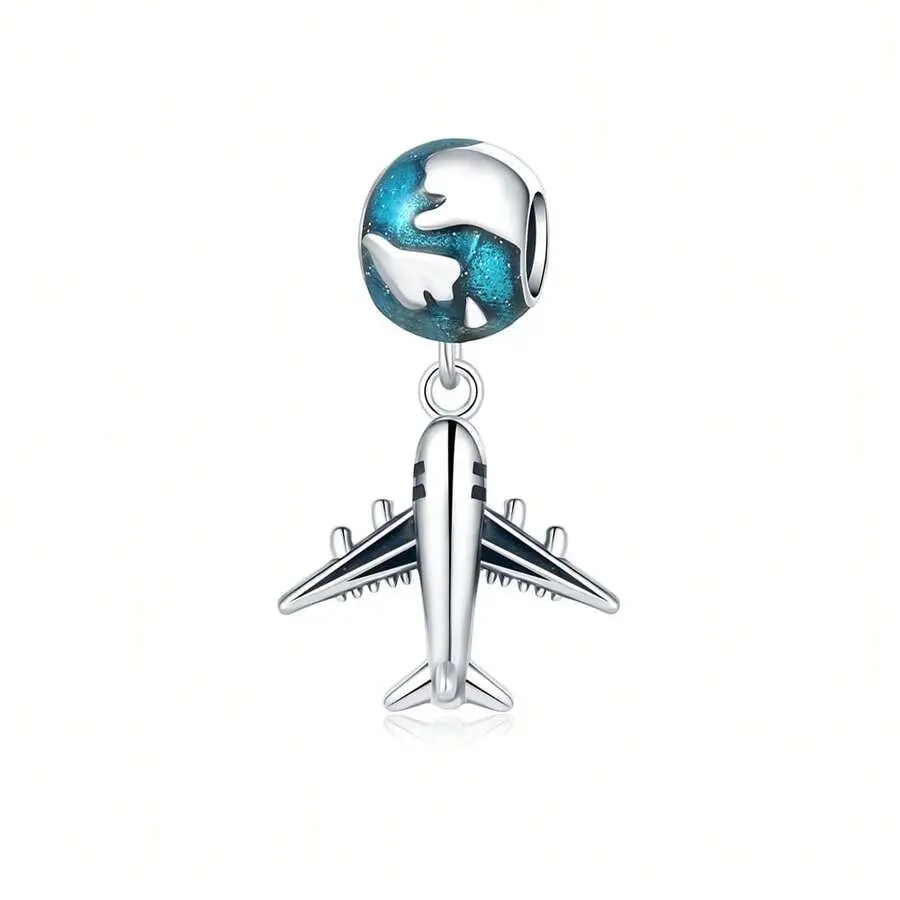 Silver Plated Airplane Starry Sky Earth Blue Bead Pendant Ball, Suitable For Bracelet DIY Women's Jewelry