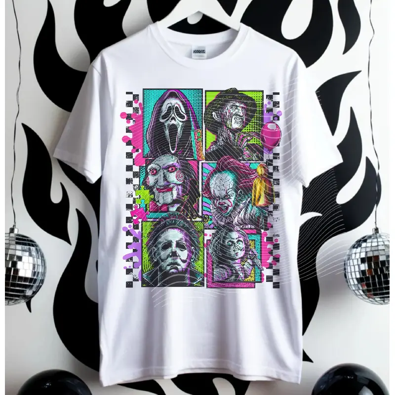100% Cotton T Neon Horror Squad Shirt Retro 80s Slasher Vibes Bright Graphic T-Shirt for Holiday Parties & Festive Outfits