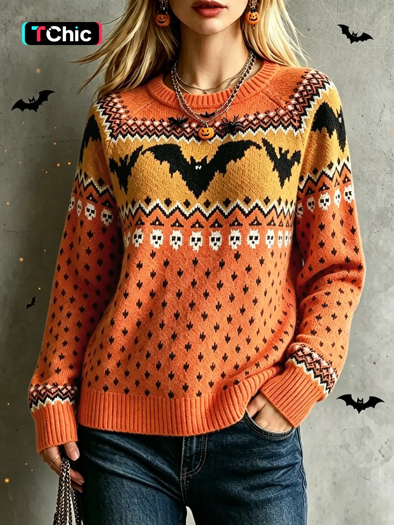 Women's Halloween Orange Bat Skeleton Jacquard Round Neck Retro Contrast Polka Dot Loose Lazy Long Sleeve Knit Pullover Top Fall Knitwear – Holiday Outing Versatile